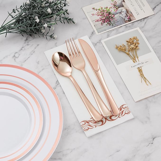 BESTVIP 175PCS Rose Gold Disposable Dinnerware Set for 25 Guests, Plastic Plates for Party, Wedding, Christmas, Halloween, Include: 50 Plastic Plates, 25 Rose Gold Silverware, 25 Cups, 25 Napkins