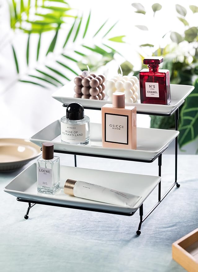 LYEOBOH Tiered Serving Stand and Platters Set, Large Tiered Tray Stand, 3 Tier Serving Tray with Collapsible Sturdier Rack, 12 Inches Tier Serving Platter for Party, Display, Dessert, and Cupcake