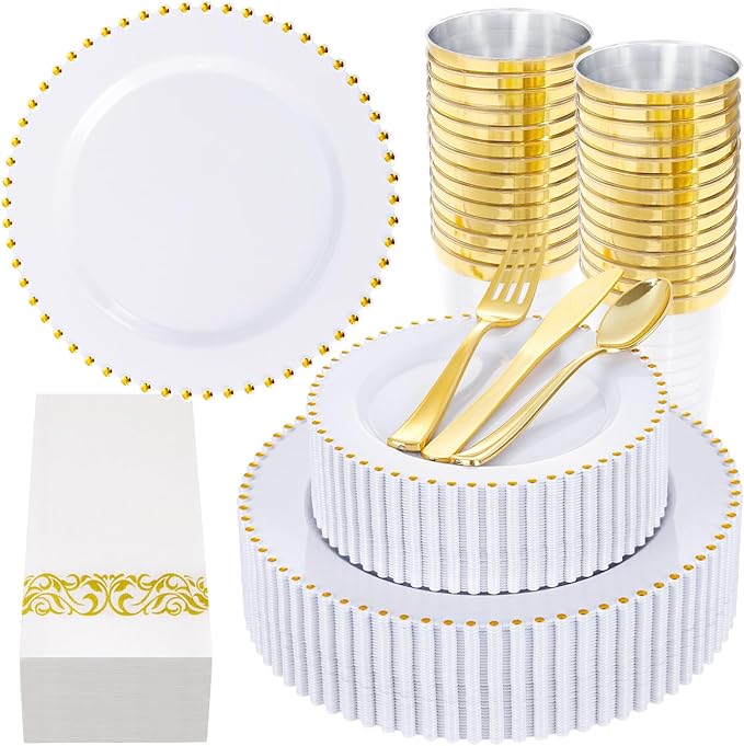 LIYH 350 Pcs White and Gold Plastic Plates - Elegant Disposable Gold Plastic Dinnerware set Include Dinner & Dessert Plates Cups Napkins for Birthday Party Wedding 50 Guests