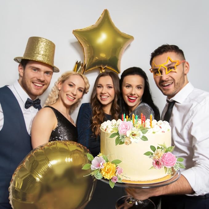 Cake Toppers Flowers,3 Pieces Hand-made Silk Flowers Cake Decorations for Birthday Baby Shower Wedding Valentine's Day Celebration Boho Party Supplies (Yellow Pink)