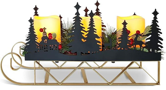 Christmas Centerpiece Table Decorations with Flickering Led Candle Lights Xmas Sleigh Silhouette Candelabrum for Dinning Room, Table, Fireplace, Mantel Holiday Decoration