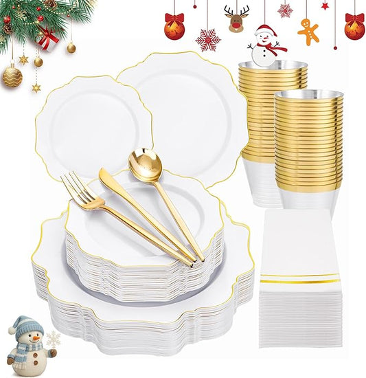WDF 175Pcs Gold Plates Disposable - White and Gold Plastic Plates 25guest Plastic Dinnerware Ideal for Party/Wedding/Banquets/Thanksgiving/Christmas
