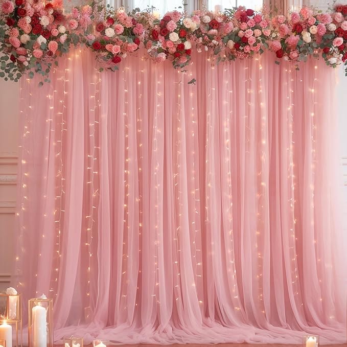 20ft x 10ft Dusty Rose Backdrop Curtain with Lights String for Parties, Sheer Tulle Wedding Photo Backdrops Drapes for Baby Shower Birthday Party Decorations Background for Photography