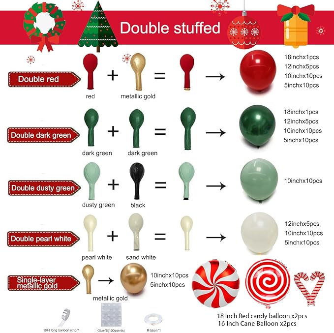 Christmas Balloon Arch Kit, Double Stuffed Red Green White Pearl Balloons with Candy Cane Foil Balloons, Holiday Balloon Garland for Christmas Party Decorations, Xmas Birthday & New Year Decor
