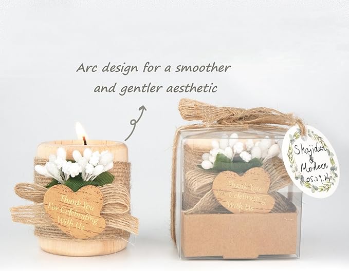 12PCS Wooden Tealight Candle Holders, Wedding Thank You Favors for Guests, Baptism/Bridal Shower Centerpieces for Tables, Wood Cylinder Candle Set for Baby Shower Decorations(Double Heart Tag)