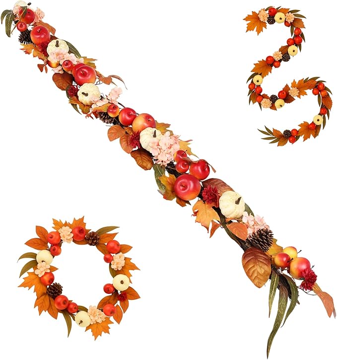 Fall Garland with Pumpkins, Artificial Maple Leaves, Pinecones, Apples & Flowers – 5.6ft Autumn Harvest Garland for Fireplace Mantel, Doorway, Table, Thanksgiving Decor (1 Pack)