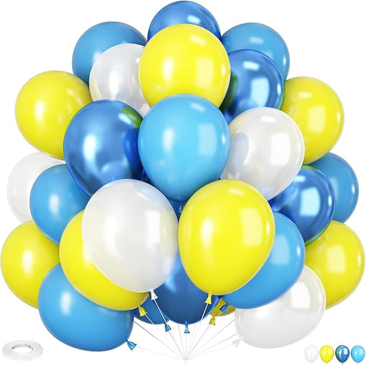 Blue Yellow Balloon, 60 PCS 12 Inch Cartoon Theme Balloons Blue Yellow and White Balloons for Kids Cartoon Party Baby Shower Duck Birthday Party Decorations