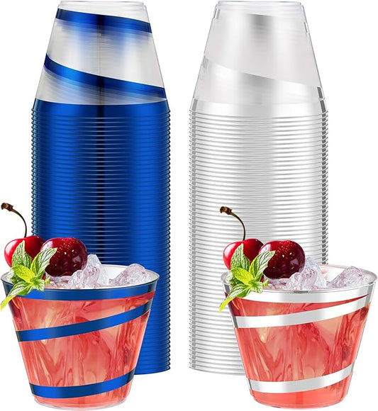 Gejoy 9 oz Rimmed Swirl Plastic Cups Disposable Wine Drinking Cups Clear Elegant Halloween Tumblers for Christmas Party Supplies(Silver, Blue,100 Pcs)