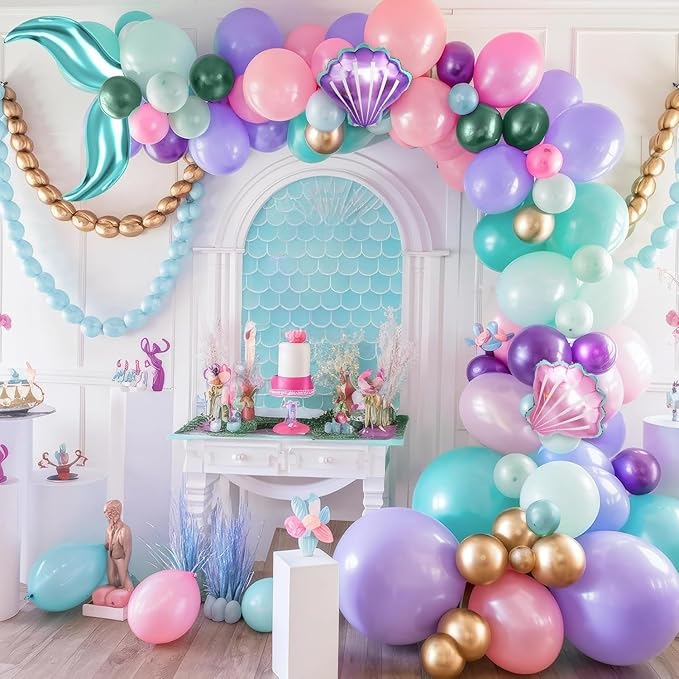 Mermaid Balloon Garland Arch Kit, Pastel Pink Purple Teal Blue Clear Latex Balloons with Mermaid Tail Seashell Foil balloons, for Girls Little mermaid Party Decorations Under the Sea Birthday Supplies