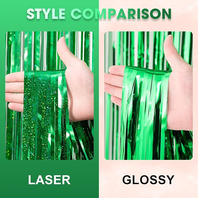 2 Pack Laser Green Tinsel Foil Fringe Curtains, Green Party Decorations, Metallic Tinsel Party Streamers Backdrop for Birthday Baby Shower St Patrick's Day Christmas Party Decorations