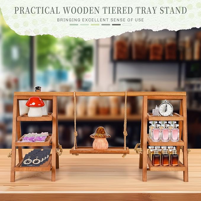Cupcake Stand, 3 Tier Wood Cupcake Display Stand with Swing, Dessert Table Display Set with Serving Tray for Dessert Display for Party, Wedding, Farmhouse Decor (Brown)