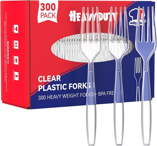 JOLLY CHEF 300 Count Clear Plastic Forks Heavy Duty, 7.1" Heat Resistant Solid and Durable Plastic Forks Disposable, Disposable Bulk Cutlery Suitable for Parties Supply Events Everyday Use