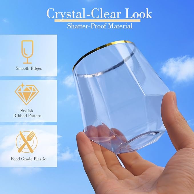 48 Pack Plastic Glasses – 24 x 9oz Stemless Champagne Flutes & 24 x 12oz Stemless Wine Glasses – Elegant Disposable Shatterproof Cup – BPA-Free Drinkware for Weddings, Parties (Gold Rim Diamond)