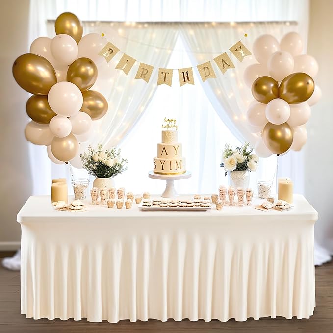 1 Pack Ivory Table Clothes for 4 Foot Rectangle Tables, One-Piece Wrinkle Resistant Stretch Spandex Table Covers with Skirt for Event Banquet Wedding Birthday Party