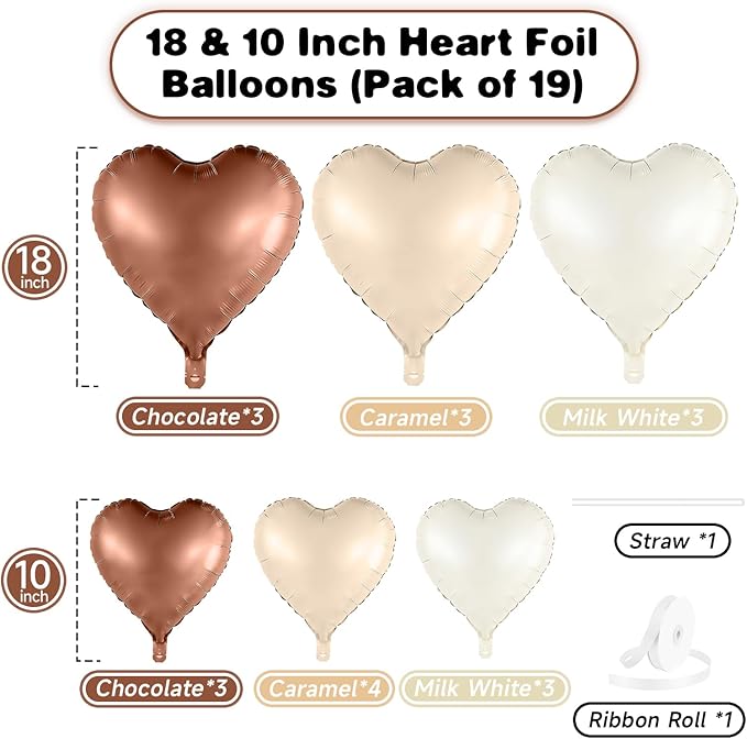 Cream Brown Heart Balloons, 19PCS Brown Apricot Heart Shape Balloon, 18Inch with 10Inch Cream Beige Coffee Helium Nude Neutral Love Balloon for Girls Boho Birthday Baby Shower Wedding Decoration