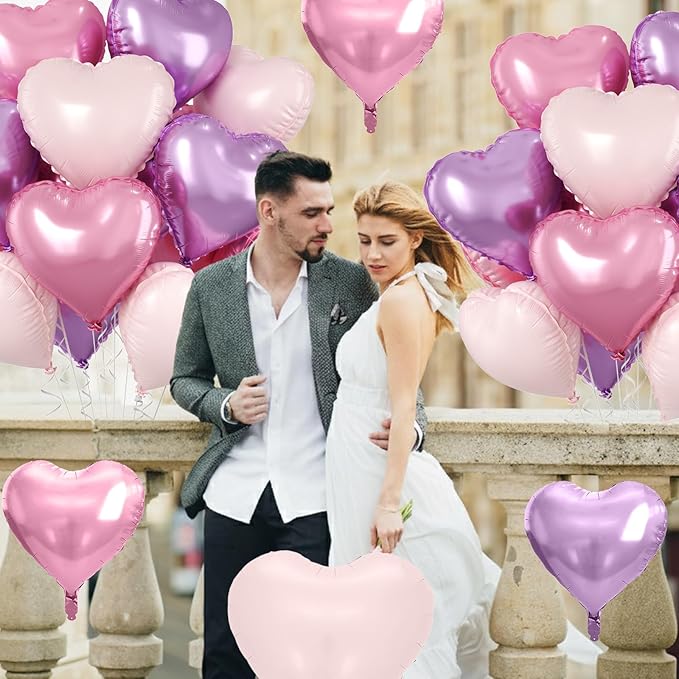 Pink Purple Heart Balloons, 10 Pcs Light Pink and Purple Heart Shaped Balloon, 18 Inch Pastel Foil Balloons for Girls Women Butterfly Brithday Bridal Baby Shower Wedding Valentines Party Decoration