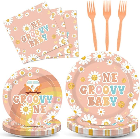 96PCS One Groovy Birthday Party Decorations Groovy One Party Paper Plates Napkins for Girls Daisy Flower Hippie 1st Tableware for Newborn Retro Boho Baby Shower Party Decor Supplies
