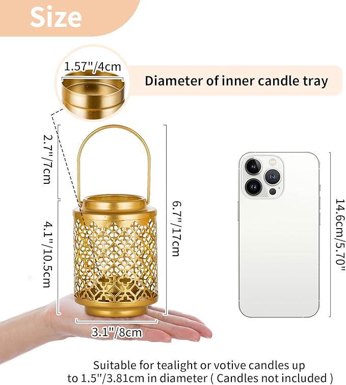 NUPTIO Decorative Candle Lanterns Gold: 2 Pcs Hanging Metal Tea Light Candles Holder 4.1inch Small Vintage Tealight Lantern Centerpiece for Christmas Wedding Party Table Decorations (Style 1)