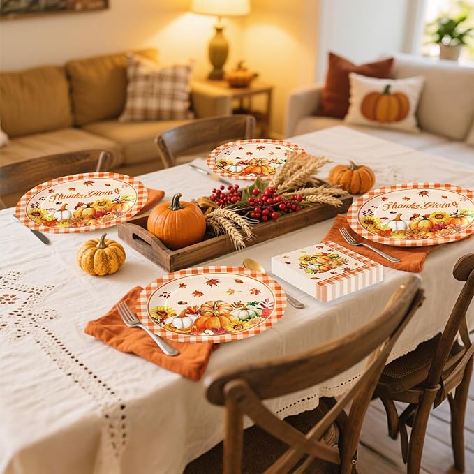 100 Pcs ThanksGiving Oval Paper Plates and Napkins Set, 10" x 12" Large Disposable Pumpkin Plates for ThanksGiving Party Supplies