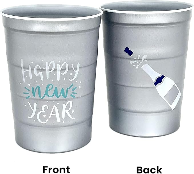 16 oz. Party Cups 'Happy New Year' Champagne Design for Cold Drinks, Durable, Disposable, Recyclable, Made in USA, Gray, 12 Count