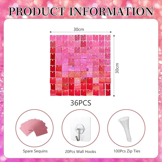 36 PCS Deep Pink Shimmer Wall Backdrop, Laser Square Sequin Photo Backdrops Panel, Glitter Wall Background for Birthdays, Weddings, Halloween, Engagements, Disco Bachelorette Party Decoration (6x6FT)
