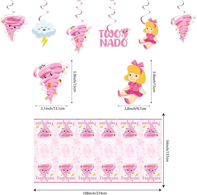 132PCS Pink Tornado Party Supplies Birthday Decorations for Girls Tornado 2nd Disposable Plates Napkins Set, Banner, Hanging Swirls, Tablecloth, Cake Topper, Balloon,Tornado 2nd 2 Year Old Baby Shower