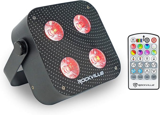 Rockville MINI RF4 V2 Black LED Wash Up Light, RGBWA+UV, Compact, App, Remote Control, LCD, Wireless DMX, Rechargeable, Perfect for DJ/Party Lighting