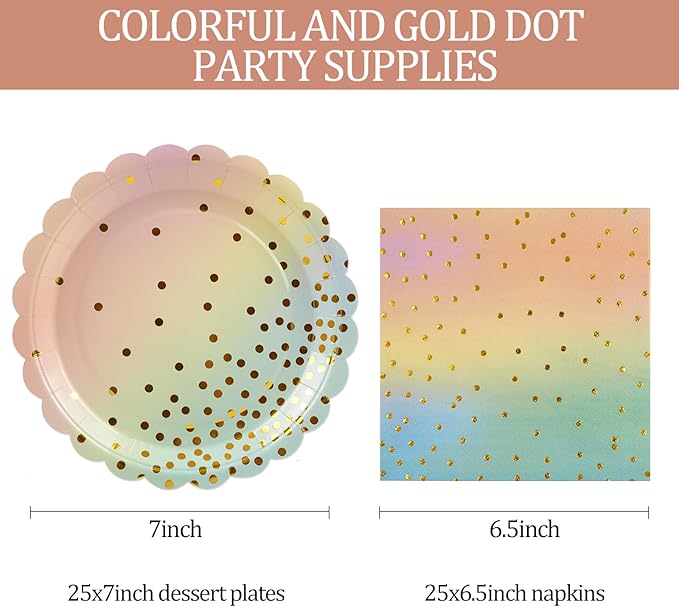 50PCS Colored Paper Plates and Napkins Set - Colourful and Gold Dot Disposable Party Tableware Dinnerware Set Party Supplies Decorations for Birthdays, Baby Shower, Weddings and Holidays