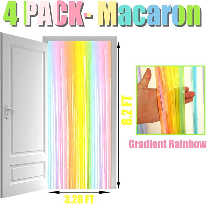 4 Pack Macaron Rainbow Foil Fringe Curtain Backdrop, 3.28Ftx8.2Ft Colorful Foil Fringe Streamers Curtains for Party, Photo Booth Props, Birthday, 2022 Graduation Decoration Supplies