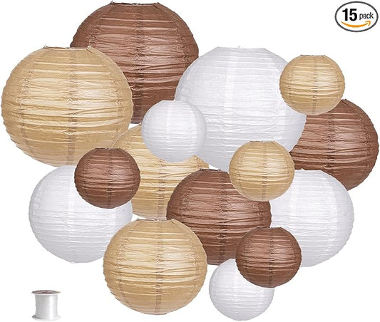 Paper Lanterns Decorative, Round Hanging Paper Lanterns Decorations for Rustic Party Wedding Natural Baby Shower Boho Brown Birthday Party Supplies Brown/White/Tan 15pcs