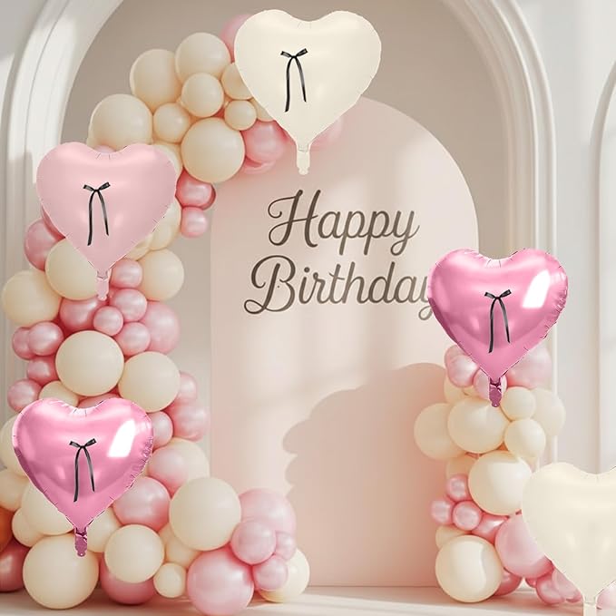 Pink Heart Balloons, 10 Pcs Pastel Pink Cream Heart Shaped Balloon with Black Bow Ribbon, 18 Inch Pink Sand White Foil Balloons for Girls Women Brithday Baby Shower Wedding Valentines Party Decoration