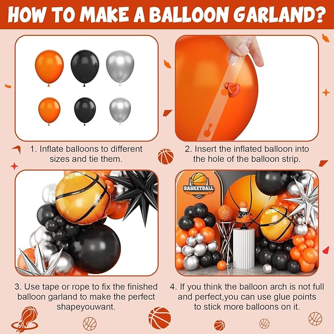 Basketball Balloons Arch Kit, Black Orange Metallic Silver Balloons Garland with Explosion Star and Basketball Foil Balloons for Boy Sport Theme Party basketball Star Teenagers Birthday decoration