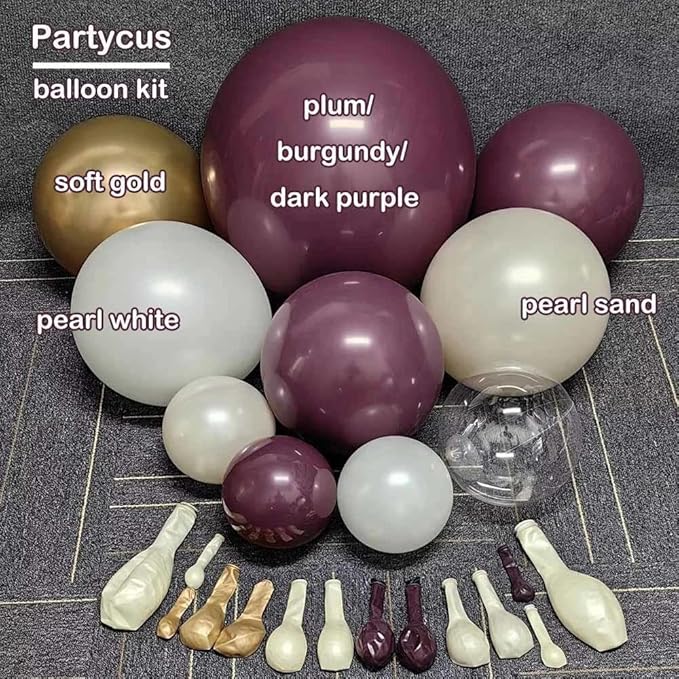 Dark Purple White Balloon Arch Kit, Double Stuffed Plum Burgundy Pearl White Sand Gold Balloon Garland with Clear Bobo Latex for Birthday Baby Shower Bridal Wedding Fall Christmas Party Decoration