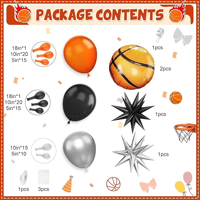 Basketball Balloons Arch Kit, Black Orange Metallic Silver Balloons Garland with Explosion Star and Basketball Foil Balloons for Boy Sport Theme Party basketball Star Teenagers Birthday decoration