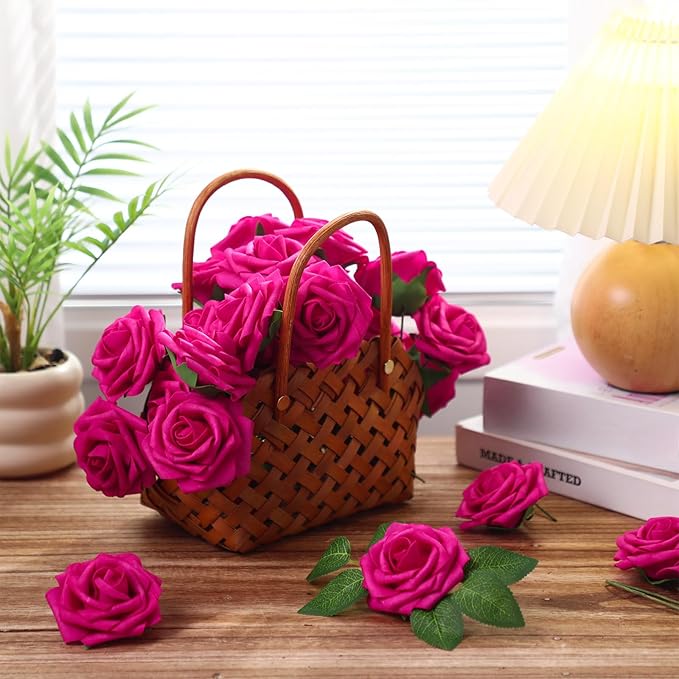 100 Pieces Artificial Foam Rose Flowers Faux Bouquet with Leaves and Stems for DIY Wedding Bouquets Centerpieces Bridal Shower Party Valentine Home Decorations(Hot Pink)