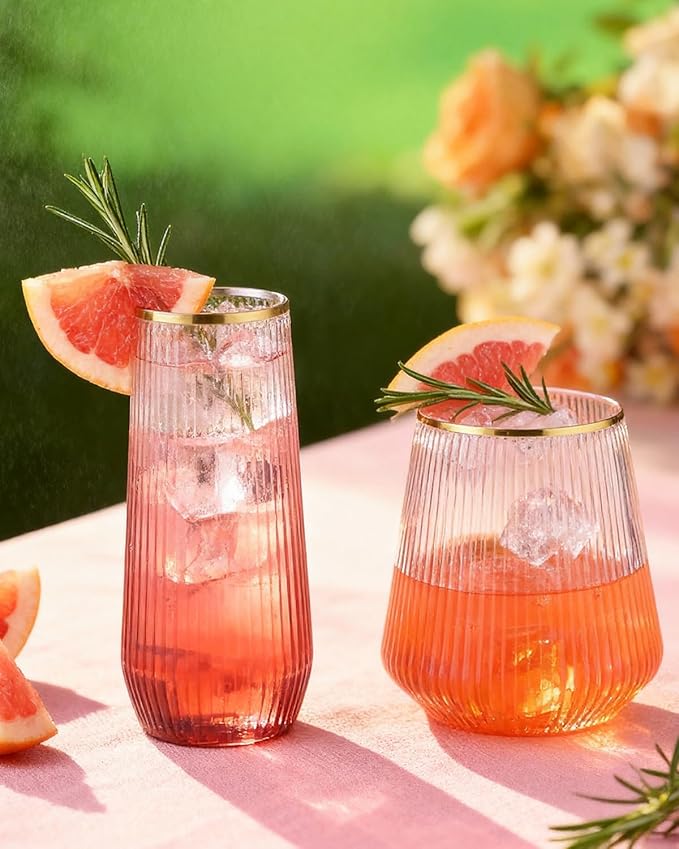 48 Pack Disposable Ribbed Origami Ripple Plastic Glasses Set - 24 9 OZ Stemless Champagne Flutes & 24 12OZ Cups, BPA-Free Shatterproof Clear Drinkware for Weddings, Parties & Events(Gold Rim)