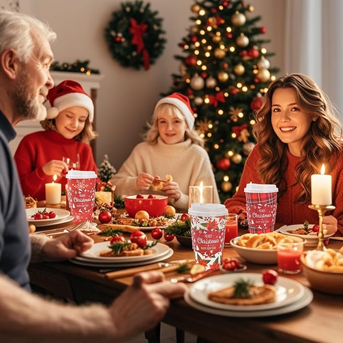 72 Set Christmas Disposable Coffee Cups with Lids and Sleeves Snowflake Reindeer Paper Drinking To Go Cups for Winter Holiday Christmas Party Coffee Bar Decor Business Supplies (Red)