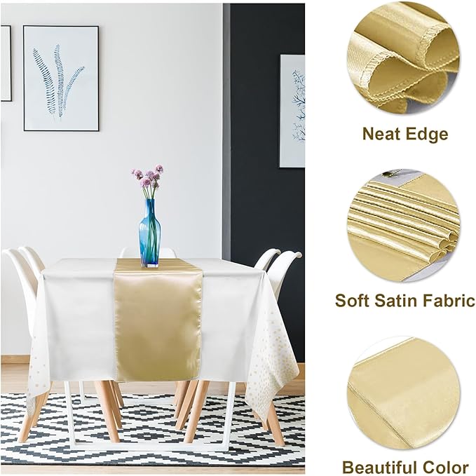 12Pack Disposable Plastic Tablecloths and Satin Table Runner Set White and Gold Dot Tablecloth Gold Satin Table Runner for Wedding Birthday Baby Shower Anniversary Christmas New Year Party Supplies
