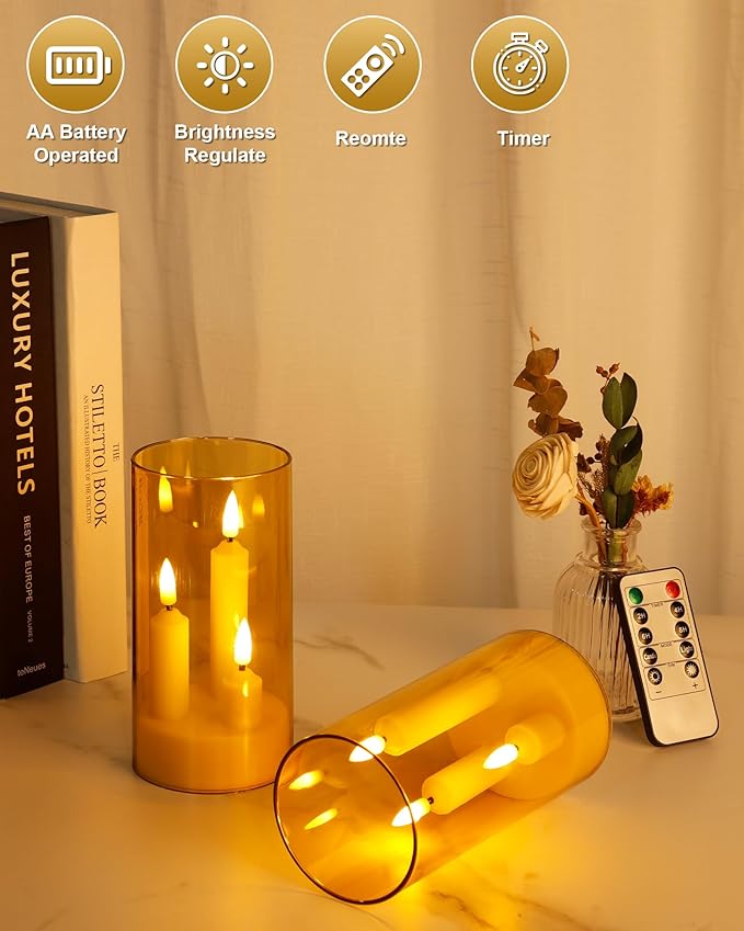 Enido Gold 2 Pc 3-in-1 Taper Flameless LED Candles with Remote, Battery Operated Acrylic Pillar Set, 3" x 6" Flickering Electric Lights for Cozy Home & Holiday Romantic Decor