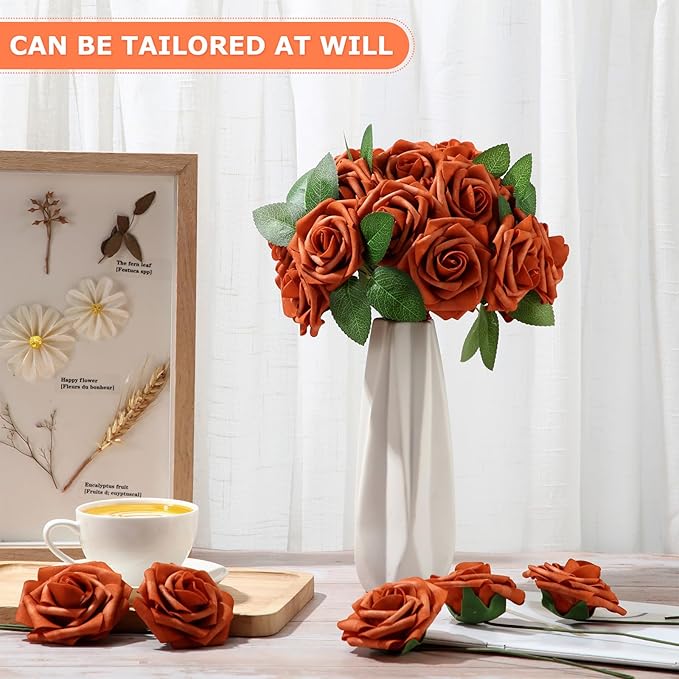 100 Pieces Artificial Foam Rose Flowers Faux Bouquet with Leaves and Stems for DIY Wedding Bouquets Centerpieces Bridal Shower Party Valentine Home Decorations(Orange)