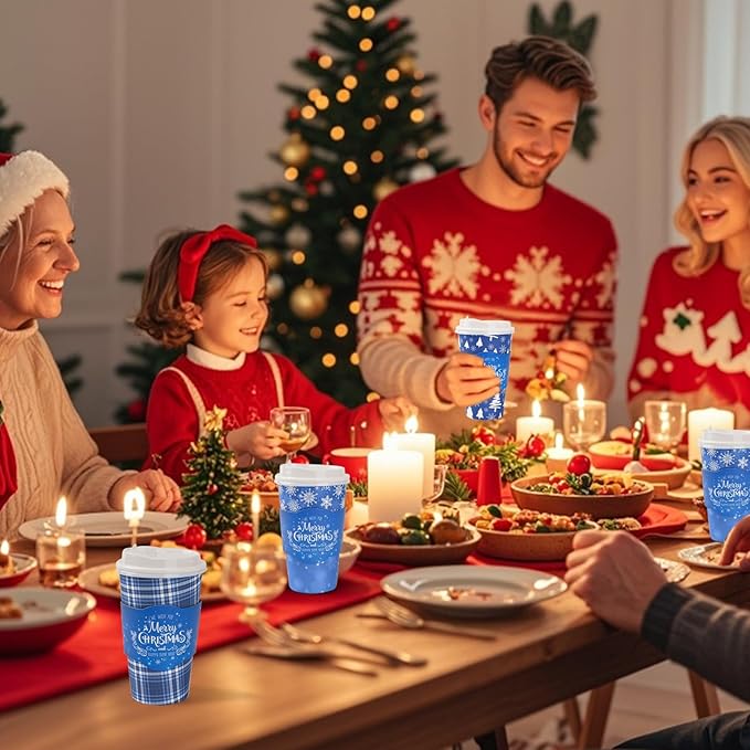 72 Set Christmas Disposable Coffee Cups with Lids and Sleeves Snowflake Reindeer Paper Drinking To Go Cups for Winter Holiday Christmas Party Coffee Bar Decor Business Supplies (Blue)