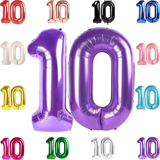 10 Balloon Number, Purple Number 10th Birthday Balloons 40 Inch, 10 Years Old Purple Birthday Decorations for Boys Girls, 10th Anniversary Decorations