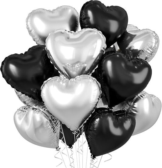 Black Silver Heart Balloons, 10 Pcs 18 Inch Metallic Silver Black Heart Shaped Balloon Foil Balloons Helium for Boys Men Brithday Bridal Baby Shower Valentines Day Halloween Party Decorations