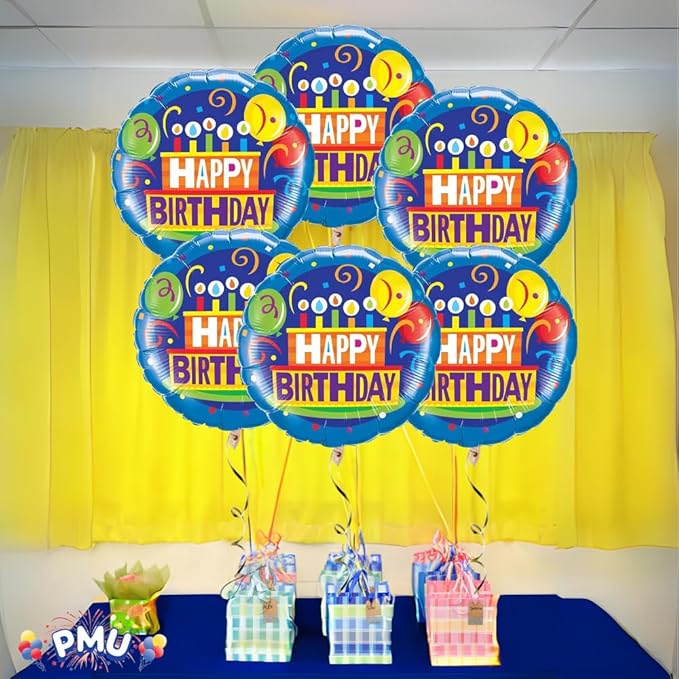 PMU Happy Birthday Cake and Balloons 18 Inch Mylar-Foil Balloon Pkg/25