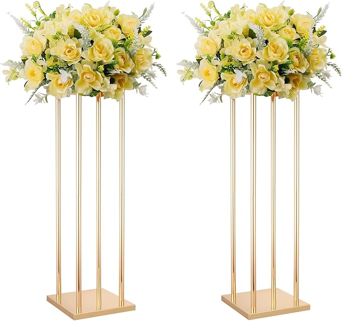 2 Pcs Tall Wedding Elegant Metal Flower Centerpieces, 23.6" Gold Flower Stand Vase Display Column for Wedding Event Reception Table, Wedding Geometric Vases for Party Table, Home Décor