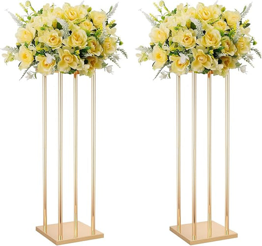2 Pcs Tall Wedding Elegant Metal Flower Centerpieces, 23.6" Gold Flower Stand Vase Display Column for Wedding Event Reception Table, Wedding Geometric Vases for Party Table, Home Décor