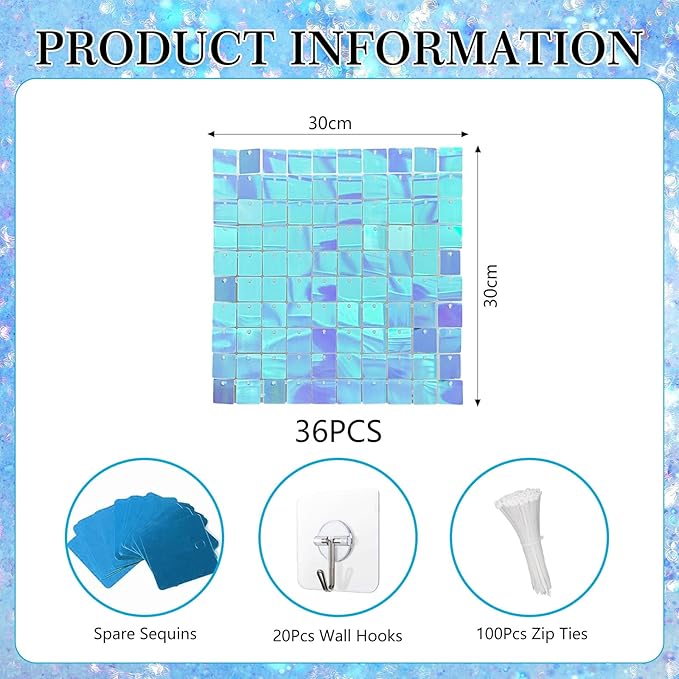 36 PCS Colorful Light Blue Shimmer Wall Backdrop, Square Sequin Photo Backdrops Panel, Glitter Wall Background for Birthdays, Weddings, Engagements, Disco Bachelorette Party Decoration (6x6FT)