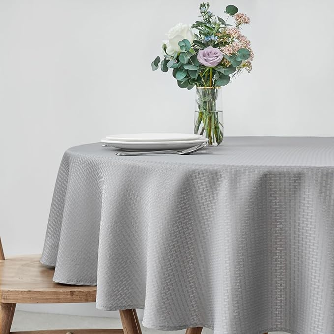 maxmill Round Weaved Texture Design Tablecloth Spill-Proof Wrinkle Free Soft Washable Table Cloth for Circular Table Cover, for Dining Room Buffet Banquet Parties Holiday Dinner, 70 Inch Light Grey