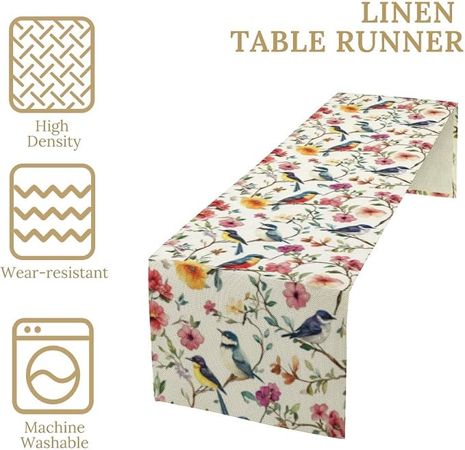 Summer Bird Floral Table Runner,Spring Birds Table Runner Burlap Table Decoration for Seasonal Home Kitchen Dining Dinner Indoor Holiday Farmhouse Decor 13x90 in