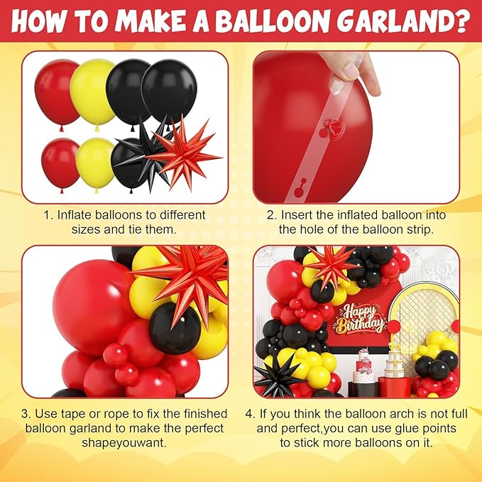Red Black Yellow Balloon Arch Kit with Star Foil Balloons, Black and Red Yellow Balloon Arch, for Boy Girls Theme Birthday Baby Shower Party Decorations